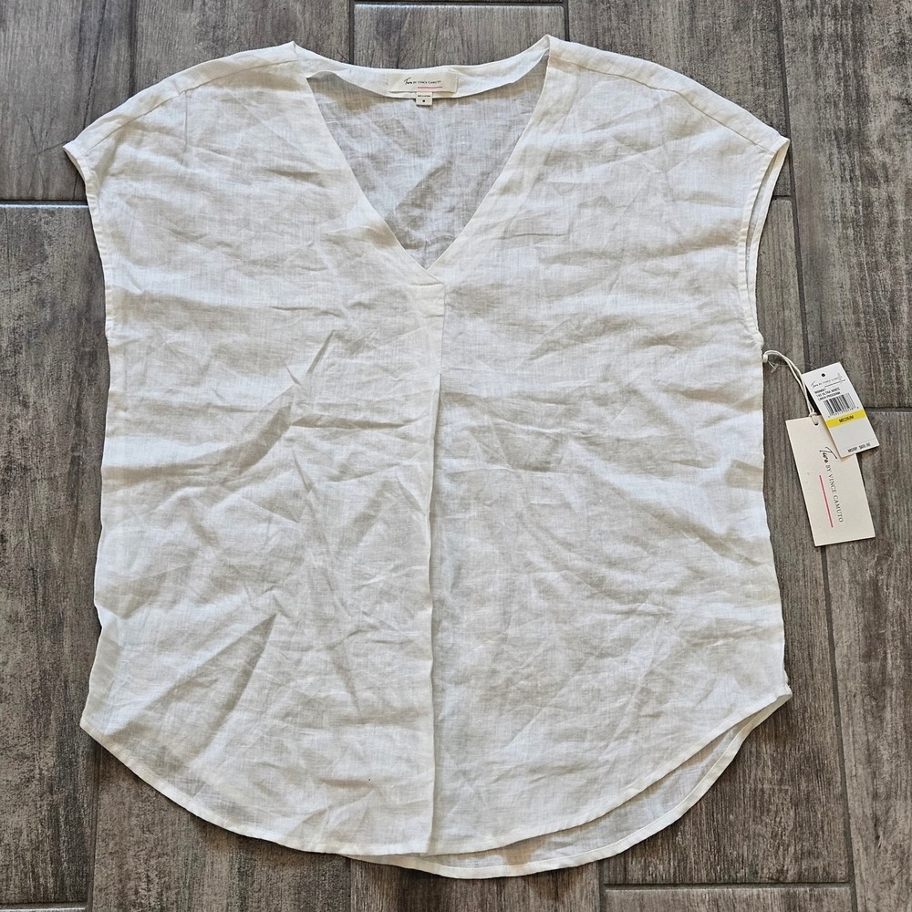Two by Vince Camuto Linen Top Size M White NEW V-Neck Sleeveless Blouse Breezy